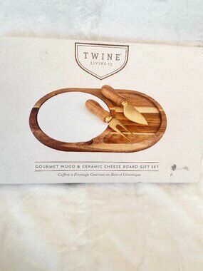 Twine Living Gourmet Wood & Ceramic Cheese Board 11x7" Stainless Steel Gift Set